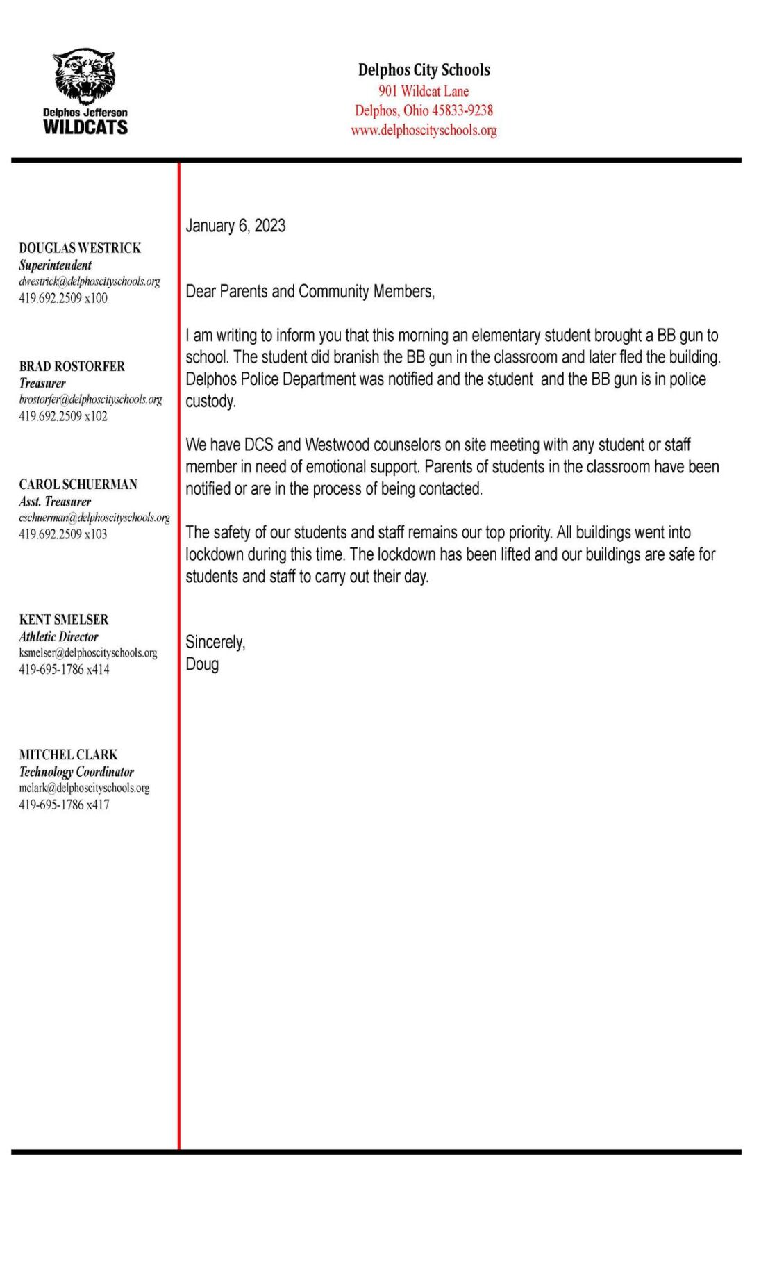 Lockdown Letter from Delphos City School District